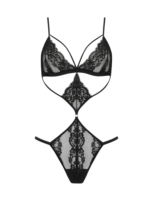 An elegant Seraphine black open playsuit with intricate Leaver's lace detailing and silk shoulder straps.