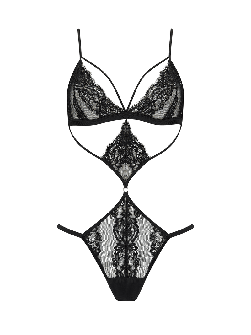An elegant Seraphine black open playsuit with intricate Leaver's lace detailing and silk shoulder straps.