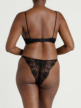 Hera High Neck Balconette Bra made in a luxurious black Leaver's lace with scalloped edges and a quarter cup design for support. Paired with matching Hera Brazilian Knicker