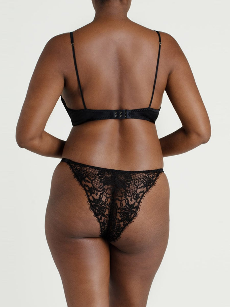 Hera High Neck Balconette Bra made in a luxurious black Leaver's lace with scalloped edges and a quarter cup design for support. Paired with matching Hera Brazilian Knicker